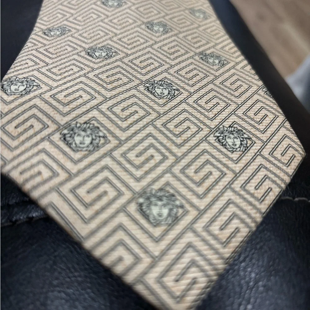 Vintage Versace Logo Beige and Silver Geometric Men's Tie NWOT